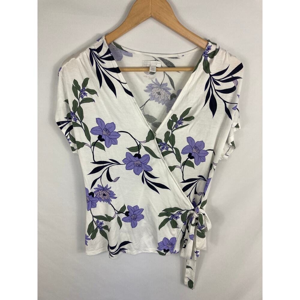 14th & Union White Purple Black Floral Wrap Tie Front Top Size Small